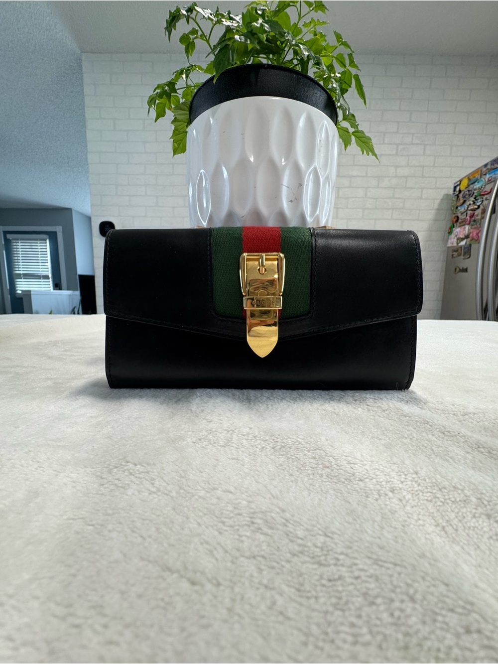 Gucci Black Leather Wallet with Green-Red Web and Gold Buckle with COA